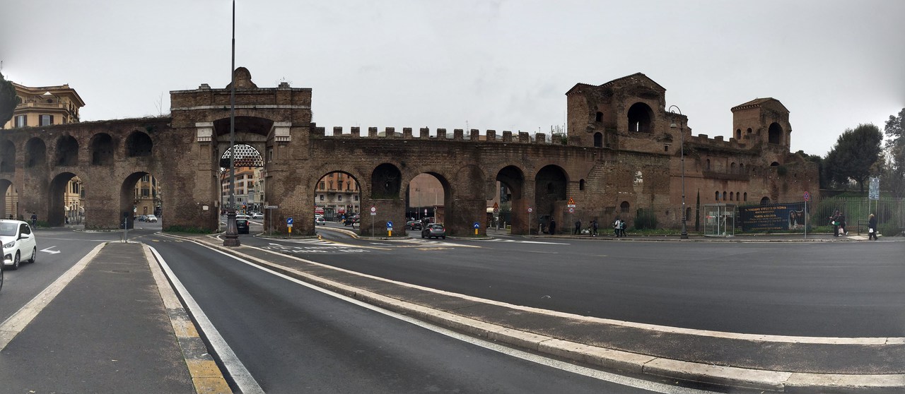 View of city walls, taking from a bus stop we frequently used, Rome