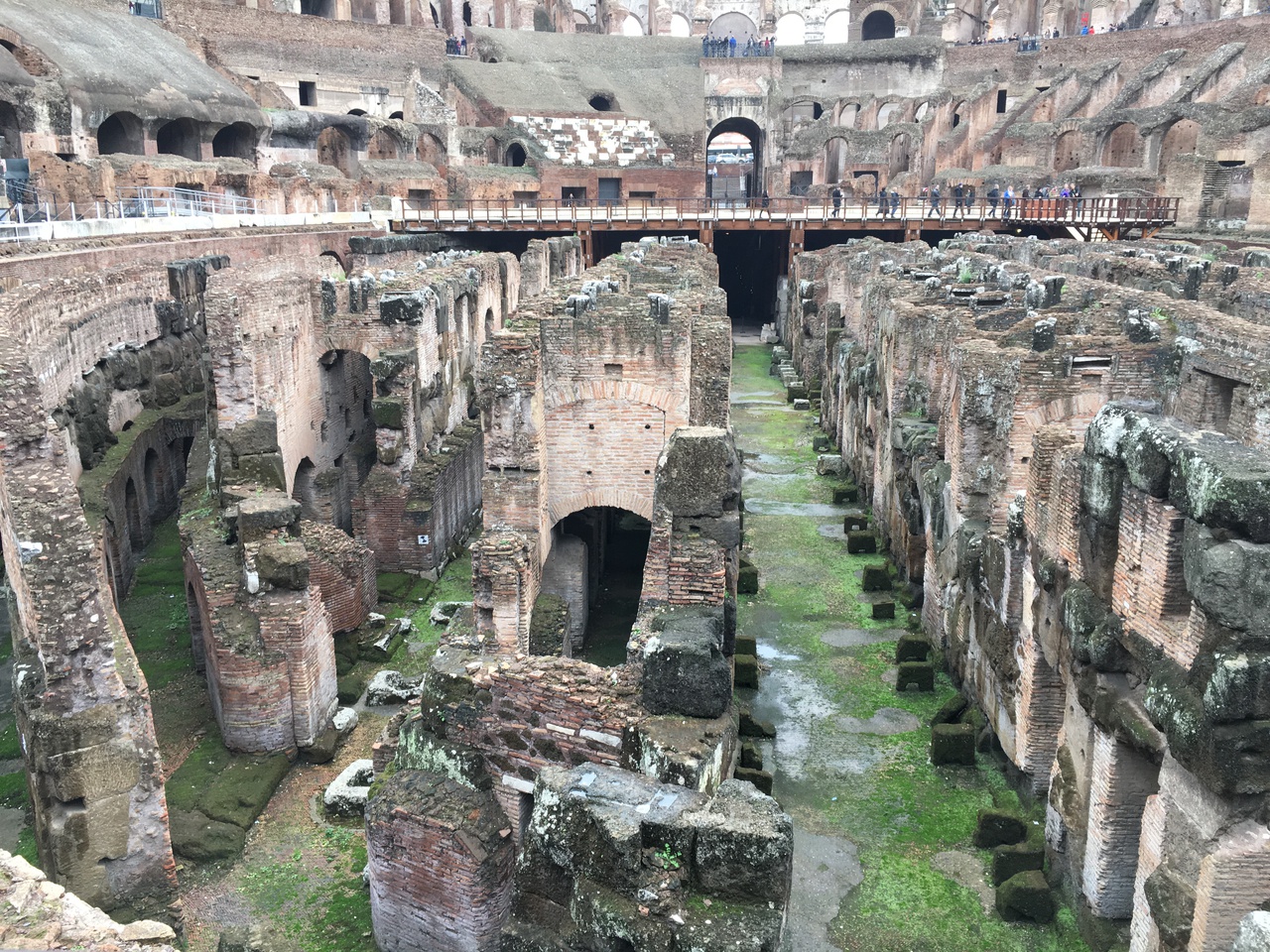 View inside the coliseum, from one of the lower floors down into the basement area, Rome