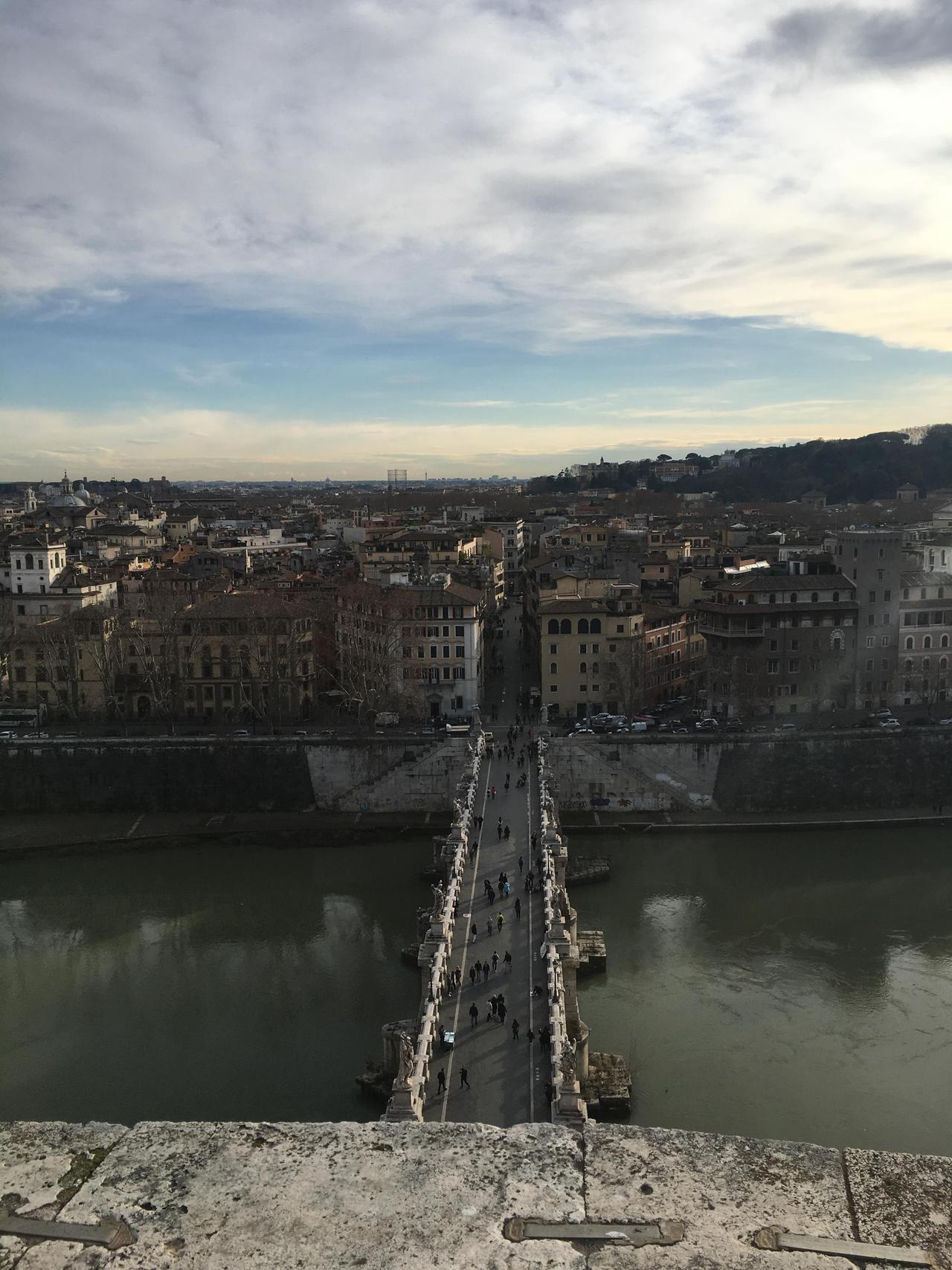 View from the Castel Sant'Angelo down onto the Ponte Sant'Angelo, reminiscent of a famous scene from Assassin's Creed: Brotherhood