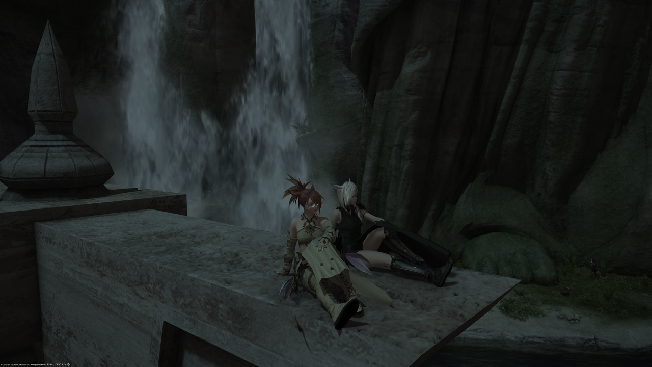 Deithwen and Kakysha sitting on a high stone column looking down on Rhalgr's Reach