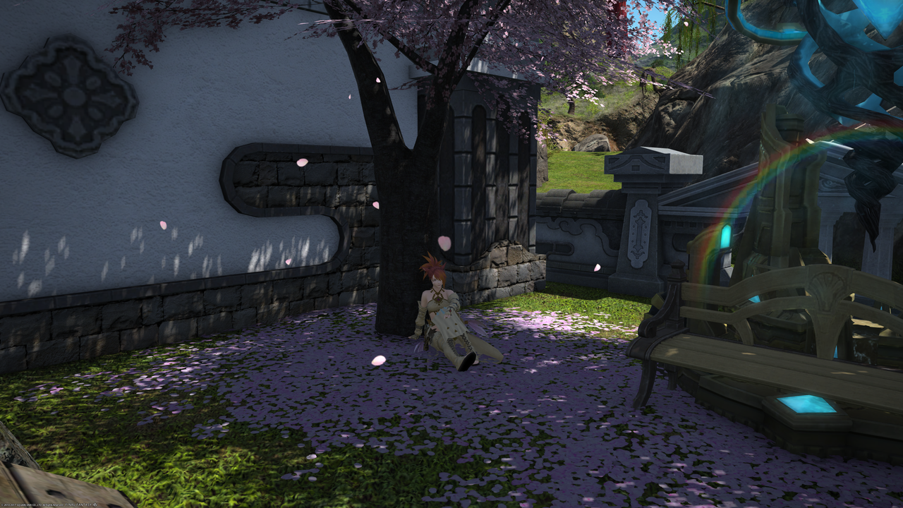 Kakysha sitting in a garden, below a tree and between falling cherry blossoms