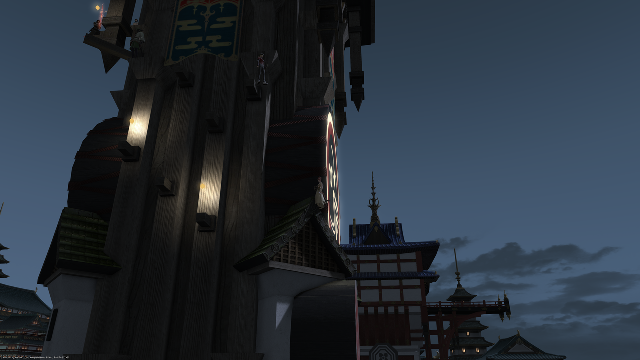 Multiple wind-up suns illuminating Kugane tower